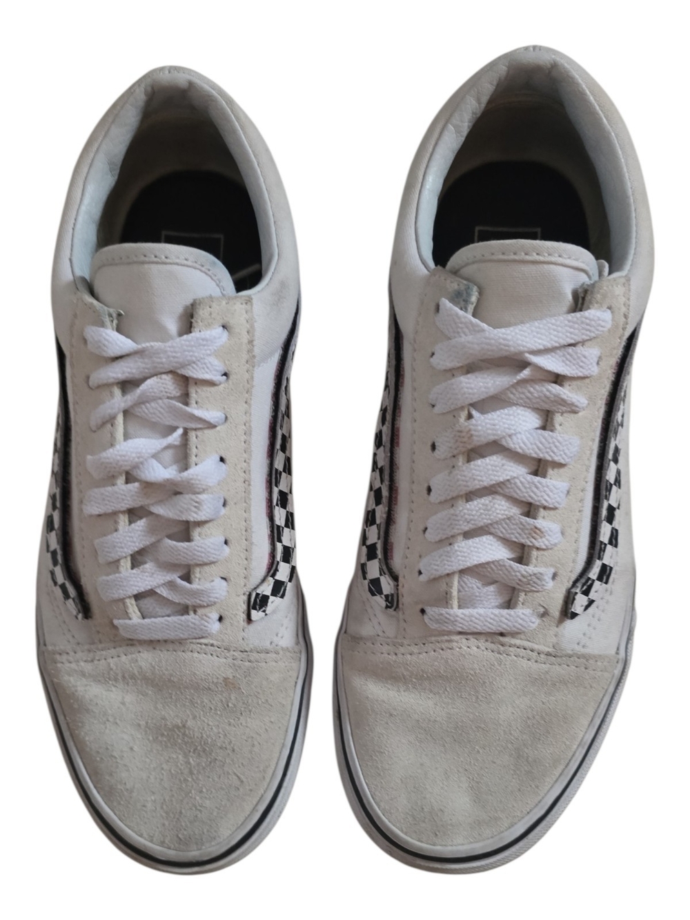 Vans White Low-Top Sneakers with Black Checkerboard Stripe. Womens Size 9.5